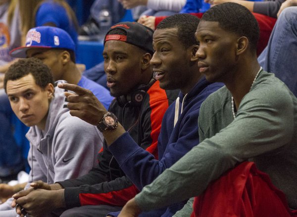 Kansas recruit Cliff Alexander, second from right, hangs out with members of the Kansas men's team Sunday afternoon at the Kansas women's season opening basketball game against Oral Roberts. Alexander's girlfriend plays for the women's team.