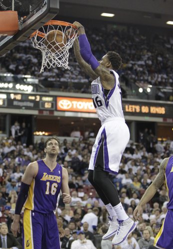 Sacramento Kings guard Ben McLemore, right, stuffs over Los Angeles Lakers Pau Gasol, left, of Spain, during the third18quarter of an NBA basketball game in Sacramento, Calif., Friday, Dec. 6, 2013. The Lakers won 106-100.(AP Photo/Rich Pedroncelli) 
