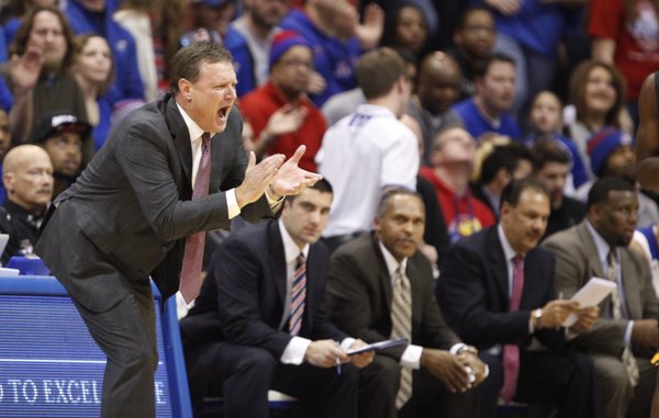Kansas head coach Bill Self encourages his defense against Toledo during the first half on Monday, Dec. 30, 2013 at Allen Fieldhouse.