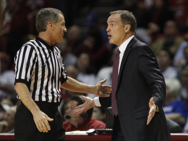 Oklahoma head coach Lon Kruger pleads to an official during the first half on Wednesday, Jan. 8, 2013 at Lloyd Noble Center in Norman, Oklahoma.