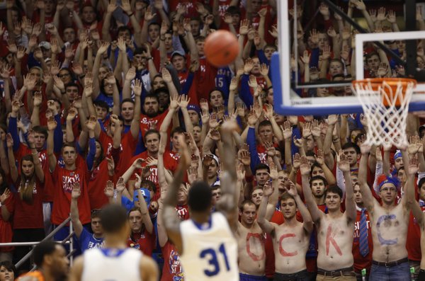 The Kansas student section anticipates a free throw from forward Jamari Traylor during the second half on Saturday, Jan. 18, 2014 at Allen Fieldhouse.
