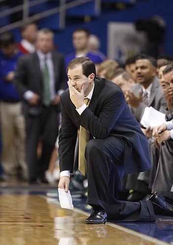 Baylor head coach Scott Drew watches from the sideline during a Jayhawk run in the second half on Monday, Jan. 20, 2014 at Allen Fieldhouse.