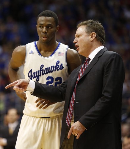 Kansas head coach Bill Self gives some direction to Andrew Wiggins during the second half on Monday, Jan. 20, 2014 at Allen Fieldhouse.