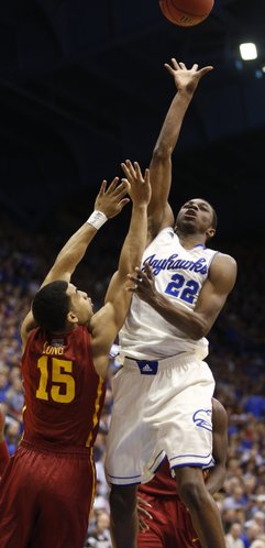 Kansas guard Andrew Wiggins floats a shot over Iowa State guard Naz Long during the second half on Wednesday, Jan. 29, 2014 at Allen Fieldhouse.