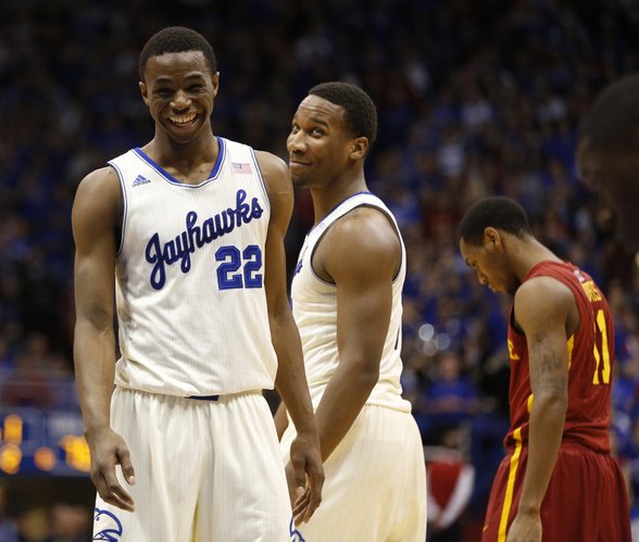 Kansas guard Wayne Selden, middle, pulls a laugh out of teammate Andrew Wiggins late in the game against Iowa State on Wednesday, Jan. 29, 2014 at Allen Fieldhouse.