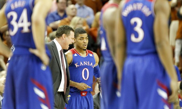 Kansas head coach Bill Self rips into point guard Frank Mason after Mason was issued a flagrant foul during the first half on Saturday, Feb. 1, 2014 at Erwin Center in Austin, Texas.