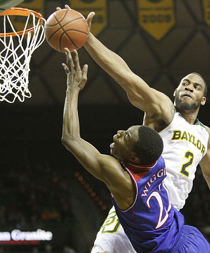 Baylor forward Rico Gathers blocks a shot from Andrew Wiggins, but got called for a foul during the second half of the Jayhawks' win over the Baylor Bears Tuesday, Feb. 4, 2014 at Ferrell Center in Waco, Texas.