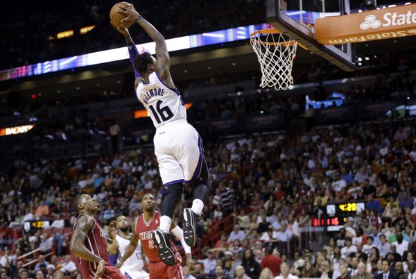 Sacramento Kings' Ben McLemore (16) shoots in the second half of an NBA basketball game against the Miami Heat, Friday, Dec. 20, 2013, in Miami. The Heat defeated the Kings 122-103. (AP Photo/Lynne Sladky)