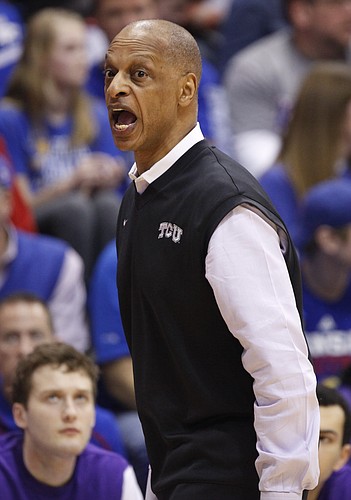 TCU head coach Trent Johnson lays into an official during the first half on Saturday, Feb. 15, 2014 at Allen Fieldhouse.