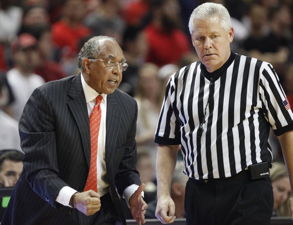 First-year Texas Tech head coach Tubby Smith pleads with a game official during the first half on Tuesday, Feb. 18, 2014 at United Spirit Arena in Lubbock, Texas.