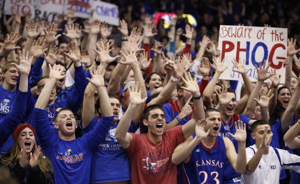 The Kansas student section pays tribute to the Jayhawks' tenth-straight conference title following their 83-75 win over Oklahoma on Monday, Feb. 24, 2014 at Allen Fieldhouse.