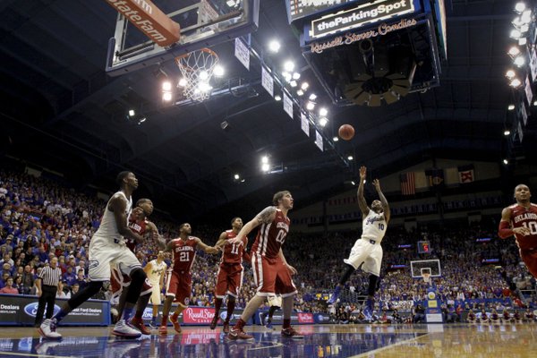 Kansas guard Naadir Tharpe pulls back for a shot against Oklahoma during the second half on Monday, Feb. 24, 2014 at Allen Fieldhouse.