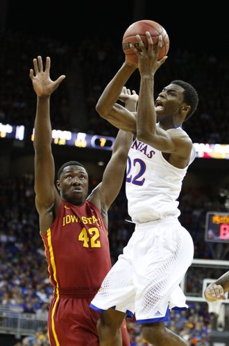 Kansas guard Andrew Wiggins pulls up for a shot against Iowa State forward Daniel Edozie during the first half on Friday, March 14, 2014 at Sprint Center in Kansas City, Missouri.