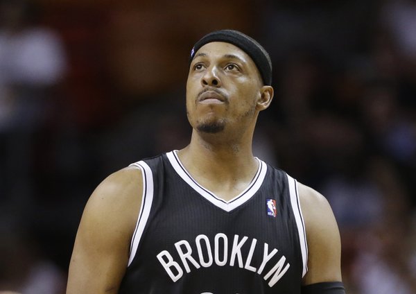 Brooklyn Nets forward Paul Pierce is shown during the second half of an NBA basketball game against the Miami Heat, Tuesday, April 8, 2014 in Miami. The Nets defeated the Heat 88-87. (AP Photo/Wilfredo Lee)