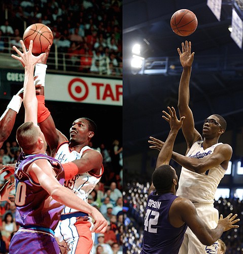 In photo at left, the Houston Rockets’ Hakeem Olajuwon shoots over Utah’s Greg Ostertag (00) on May 29, 1997, in Houston. In right photo, Kansas big man Joel Embiid puts up a similar shot over Kansas State’s Thomas Gipson on Jan. 1 at Allen Fieldhouse.