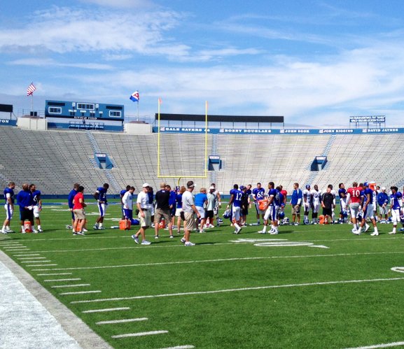 Players and coaches line up at the 50-yard line for another round of the ALS Ice Bucket Challenge in which the players dumped ice water on the KU assistants and support staff at the end of practice. 