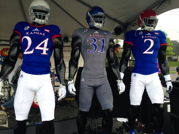 Fans can vote for which uniform they want Kansas University football to wear for its Sept. 6 home opener by texting their choice to 37664, with the keyword corresponding with a helmet: “KUWhite,” “KUBlue” or “KUCrimson.”
