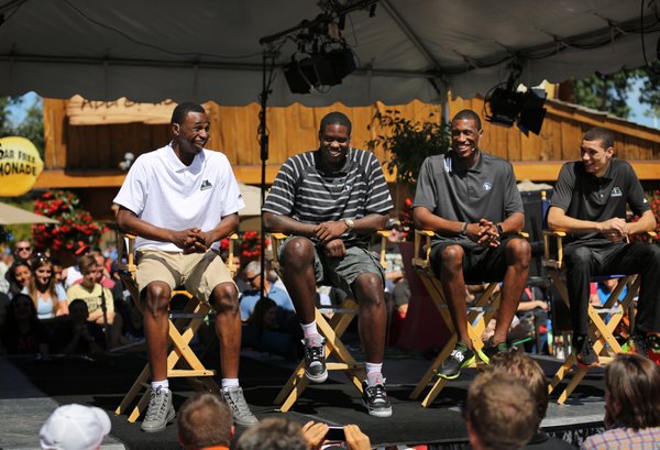 New Minnesota Timberwolves NBA basketball players, from left, Andrew Wiggins, Anthony Bennett, Thaddeus Young, Zach LaVine attend a news conference at the Minnesota State Fair on Tuesday, Aug. 26, 2014, in Falcon Heights, Minn. (AP Photo/Star Tribune, Brian Mark Peterson)