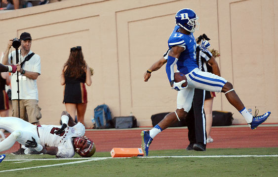 Duke WR Issac Blakeney pulls away from a defender during a recent Blue Devils' victory (AP Photo) 