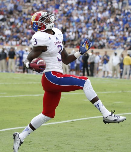 Kansas receiver Tony Pierson reacts after being ruled out of bounds after a catch during the first quarter on Saturday, Sept. 13, 2013 at Wallace Wade Stadium in Durham, North Carolina.
