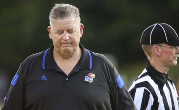 Kansas head coach Charlie Weis shows frustration during the Jayhawks' 41-3 loss to Duke on Saturday, Sept. 13, 2013 at Wallace Wade Stadium in Durham, North Carolina.