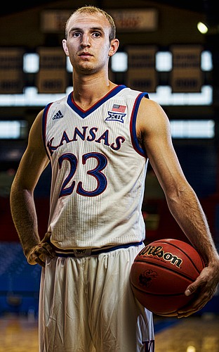 Sophomore guard Conner Frankamp poses for a photograph during the 2014 men's basketball media day at Allen Fieldhouse on Thursday, Oct. 2, 2014.