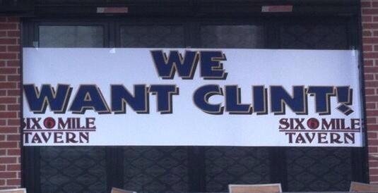 This banner supporting interim KU football coach Clint Bowen recently went up at Six Mile Tavern in West Lawrence. 