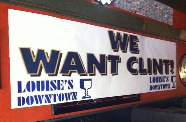 This banner, which shows support for interim KU football coach Clint Bowen, recently went up at Louise's Downtown on Mass Street. 