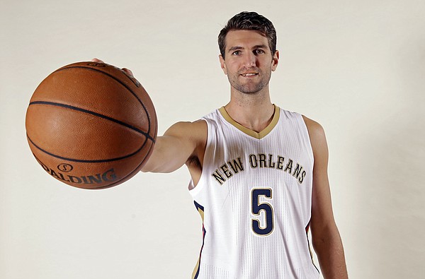 New Orleans Pelicans center Jeff Withey (5) poses at the Pelicans NBA basketball media day in Metairie, La., Monday, Sept. 29, 2014. (AP Photo/Gerald Herbert)
