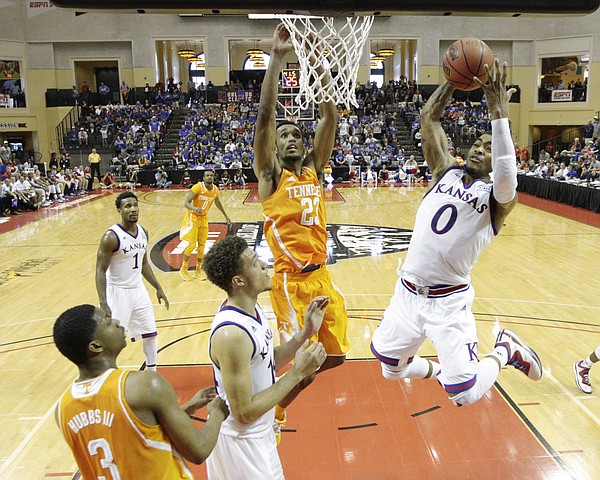 Kansas guard Frank Mason pulls away a rebound during the second half against Tennessee on Friday, Nov. 28, 2014 at the HP Field House in Kissimmee, Florida.