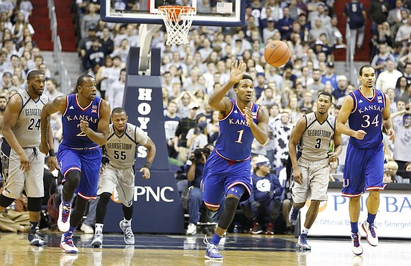 Kansas guard Wayne Selden Jr. (1) pushes the ball up the court on a breakaway during the second half on Wednesday, Dec. 10, 2014 at Verizon Center in Washington D.C.