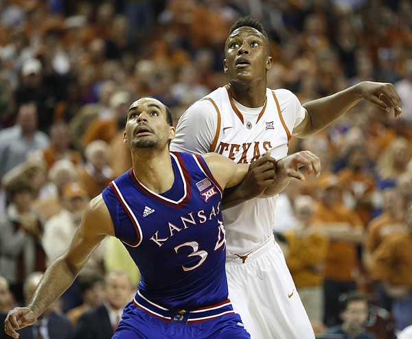 Kansas forward Perry Ellis (34) boxes out Texas forward Myles Turner during the second half, Saturday, Jan. 24, 2015 at Frank Erwin Center in Austin, Texas.