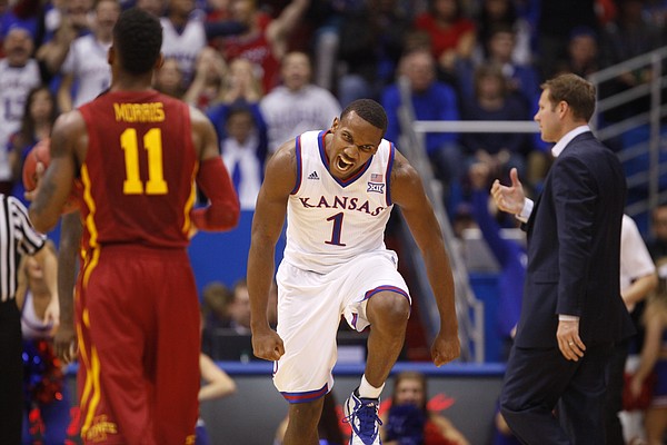 Kansas guard Wayne Selden Jr. (1) roars at the Jayhawks' bench after hitting a three against Iowa State during the second half on Monday, Feb. 2, 2015 at Allen Fieldhouse.