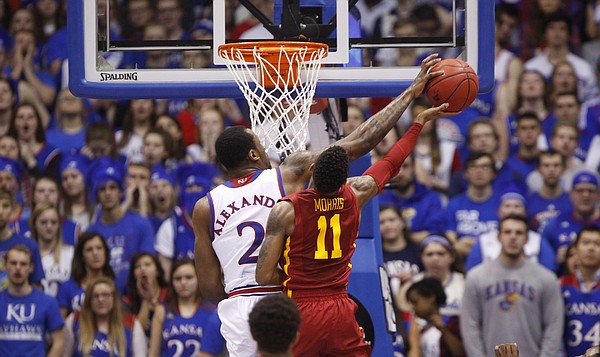 Kansas forward Cliff Alexander (2) blocks a shot by Iowa State guard Monte Morris (11) during the second half on Monday, Feb. 2, 2015 at Allen Fieldhouse.