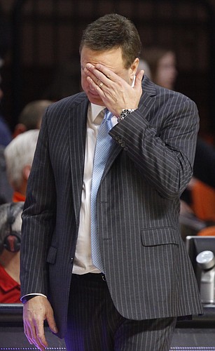 Kansas head coach Bill Self shows his frustration after a string of turnovers by the Jayhawks during the second half on Saturday, Feb. 7, 2015 at Gallagher-Iba Arena.