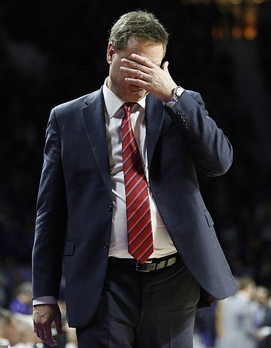 Frustrated, Kansas head coach Bill Self wipes his face after a late Kansas State bucket during the second half, Monday, Feb. 23, 2015 at Bramlage Coliseum.