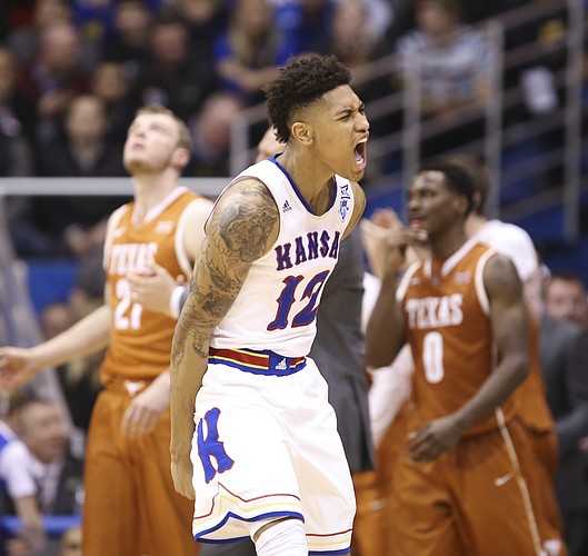 Kansas guard Kelly Oubre Jr. celebrates as the Jayhawks begin to take over the game late in the second half against Texas on Saturday, Feb. 28, 2015 at Allen Fieldhouse.