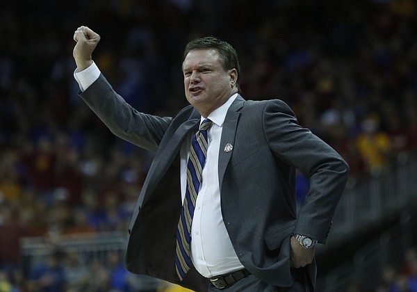 KU coach Bill Self signals to the Jayhawks in the Jayhawk’s 70-66 loss to Iowa State in the championship game of the Big 12 Tournament Saturday.