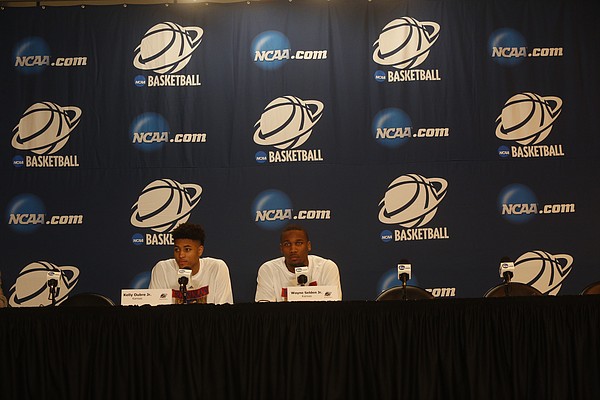 Kansas guards Kelly Oubre, Jr. and Wayne Selden Jr. answer questions during a press conference at Centrurylink Center in Omaha, NE. Thursday March 19 2015. 