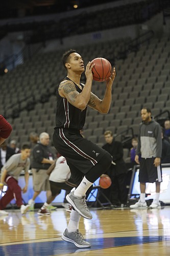 New Mexico State senior forward Remi Barry participates in a NCAA second-round practice at the CenturyLink Center in Omaha, NE., Thursday, March 19, 2015. New Mexico State will face the Jayhawks Friday in a second-round NCAA Tournament game. 
