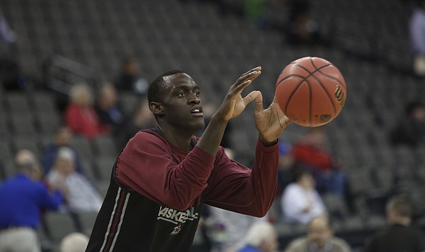 New Mexico State freshman forward Pascal Siakam (43) warms up during a early practice session as New Mexico State took to the floor in Omaha, for a short practice session on Friday 19, 2015..