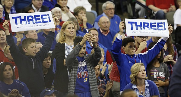 Jayhawk fans watch the Jayhawks second-round NCAA tournament game against New Mexico State Friday, March 20, 2015 at the CenturyLink Center, Omaha, Neb. 