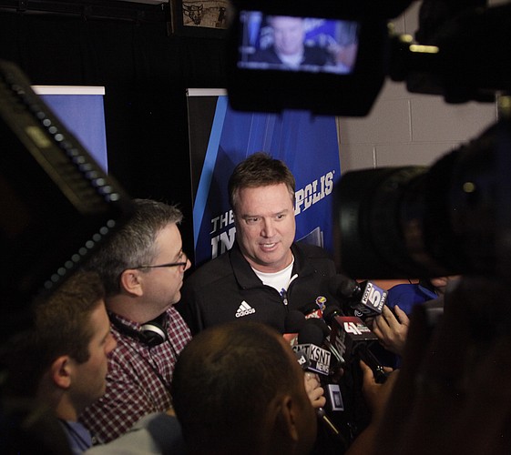 Kansas coach Bill Self talks to the media outside the Jayhawks' locker-room Saturday, March 21, 2015 at the CenturyLink Center, Omaha, Neb. 