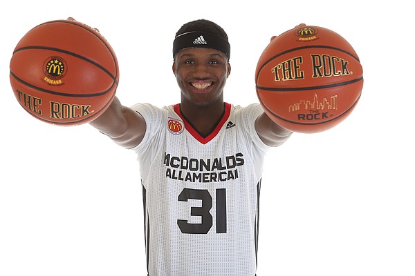 Cleveland prep forward Carlton Bragg — who has committed to Kansas University — poses for a photo prior to Wednesday’s McDonald’s All-American Game in Chicago.