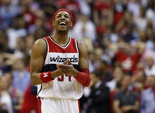 Washington Wizards forward Paul Pierce (34) reacts in the second half of Game 4 of the second round of the NBA basketball playoffs against the Atlanta Hawks, Monday, May 11, 2015, in Washington. The Hawks won 106-101. (AP Photo/Alex Brandon)
