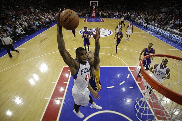 Philadelphia 76ers' Thomas Robinson in action during an NBA basketball game against the Los Angeles Lakers, Monday, March 30, 2015, in Philadelphia. (AP Photo/Matt Slocum)
