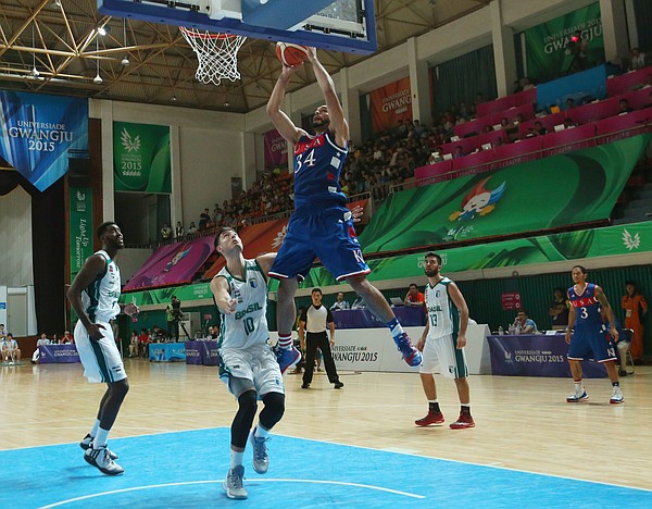 Kansas forward Perry Ellis (34) jumps to the basket for two points in a Team USA 81-72 win over against Brazil Sunday, July 5, in Gwangju, South Korea.