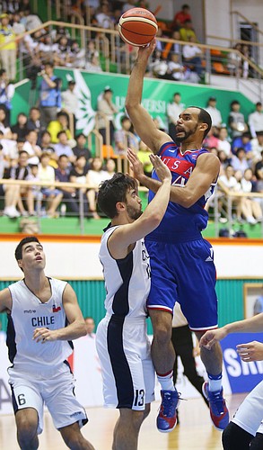 Kansas forward Perry Ellis (34) drives to the basket in a Team USA game against Chile Tuesday, July 7, at the World University Games in South Korea.