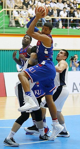 Kansas forward Landen Lucas (33) pulls down one of his 14 rebounds in a Team USA game against Chile Tuesday, July 7, at the World University Games in Muan, South Korea..