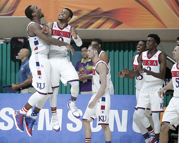 Kansas guard Wayne Selden Jr. (1) and Frank Mason III (0) celebrate a Team USA 66-65 win against Serbia Wednesday, July 8, at the World University Games in South Korea.